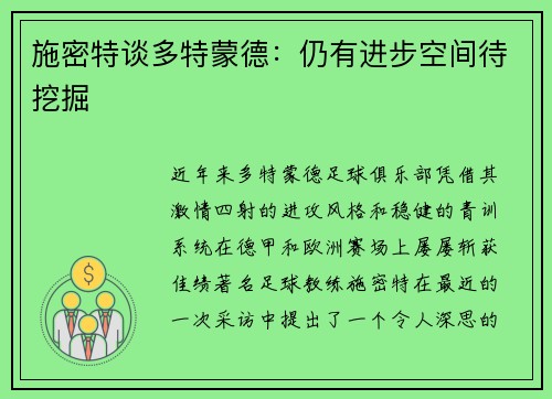 施密特谈多特蒙德：仍有进步空间待挖掘